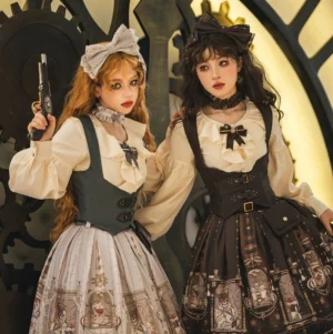 Twin Gothic Lolita dress coordinate sets steampunk theme two models contrast vest ruffled blouse chest bowknot decoration necklace accessories