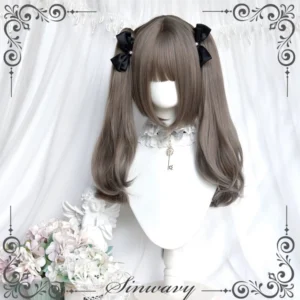 Gothic Lolita twin ponytail wig ash grey with black bows mannequin display front view romantic dark aesthetic