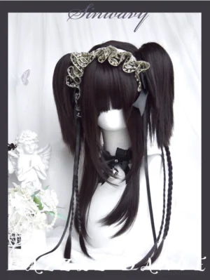 Gothic Lolita twin ponytail black wig with blunt bangs and braided waterfall details displayed on mannequin with vintage decorative backdrop, angel figurines and floral arrangement
