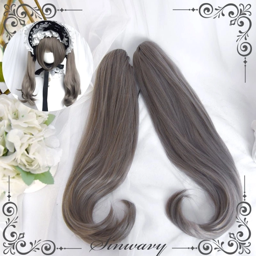 Gothic Lolita twin ponytails ash grey high-temperature fiber synthetic curly extension standalone piece