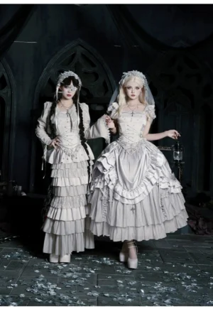 Off-white gothic lolita two-piece dress set with ruffled lace trims and bridal veil accessories full body front standing view