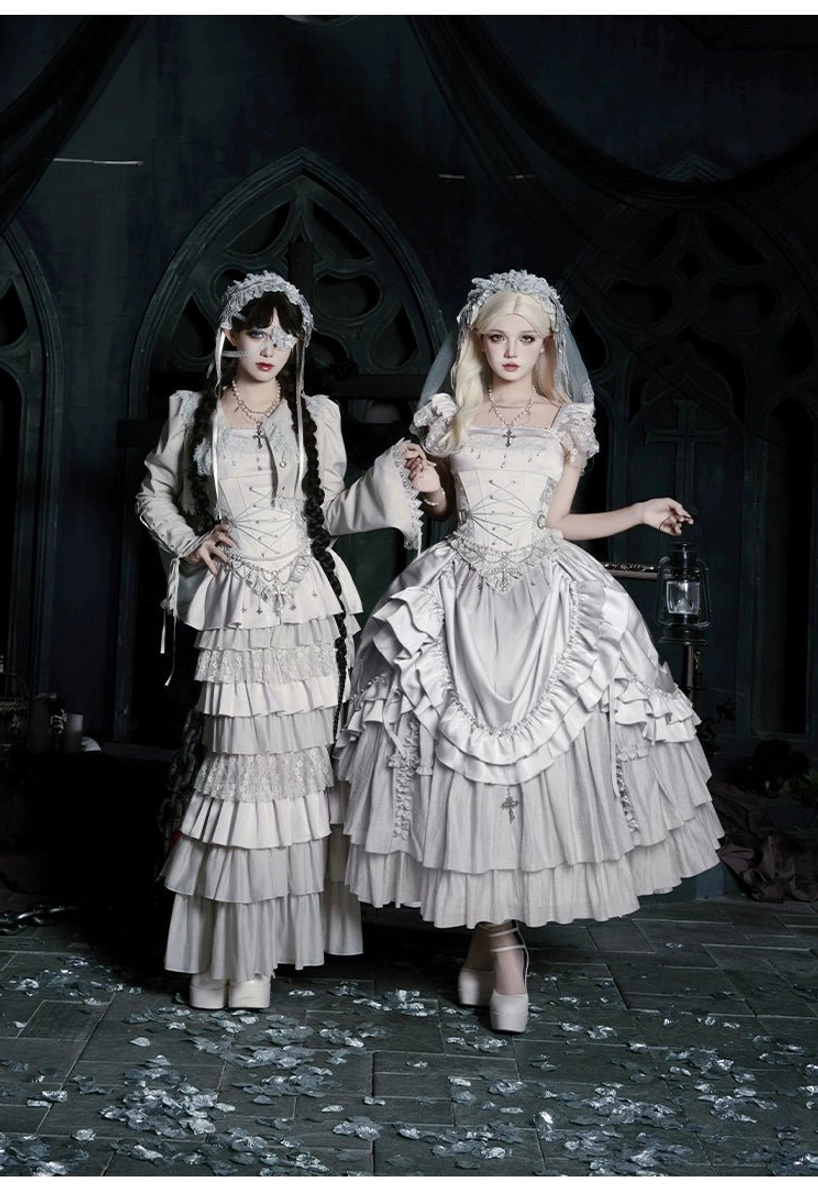 Off-white gothic lolita two-piece dress set with ruffled lace trims and bridal veil accessories full body front standing view
