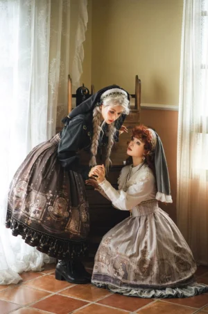 Gothic lolita two piece outfit with dark brown printed skirt white ruffled blouse and nun headwear low angle indoor interaction view