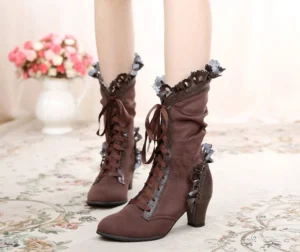 Brown gothic lolita mid-calf heeled boots with lace-up front and decorative ruffled bow ankle ornament