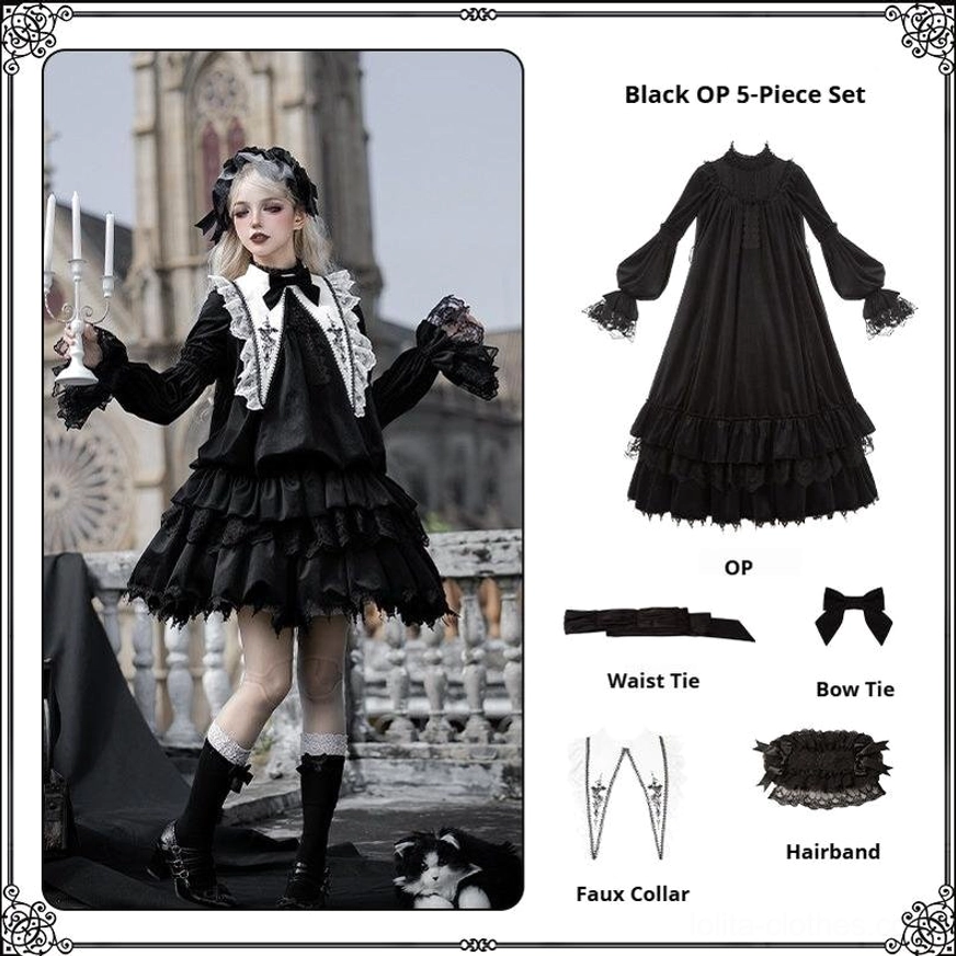 Gothic lolita complete outfit coordination showing velvet OP dress paired with faux collar and bow tie accessory set demonstrating styling possibilities
