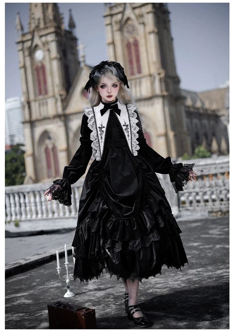 Hemline detail of gothic lolita velvet OP dress demonstrating adjustable short to midi length versatility and ruffled tier construction