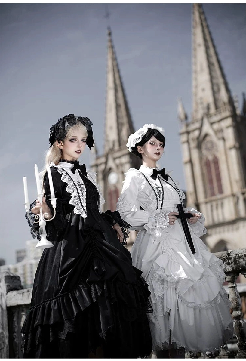 Black velvet gothic lolita OP dress detail view highlighting hand-embroidered rose faux collar and pearl grain lace-trimmed stand-up collar design elements