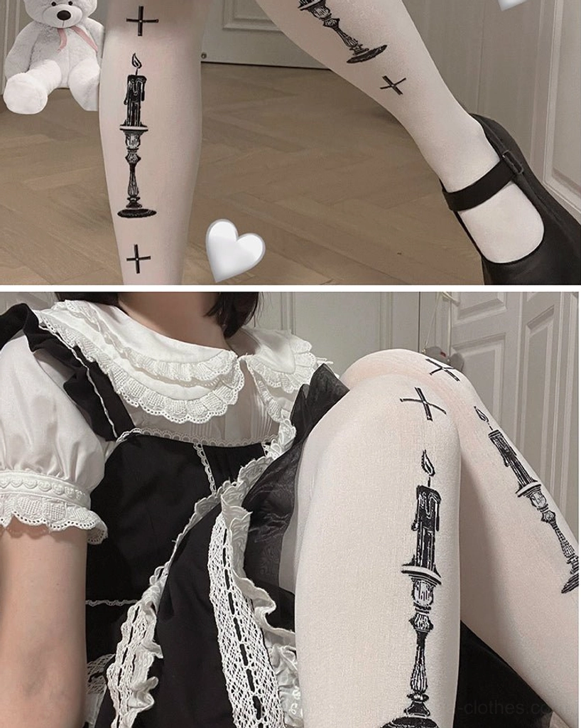 Side close-up sitting leg view of Gothic Lolita velvet pantyhose showing detailed printed cross and candle pattern with smooth velvet fabric texture on model wearing lace dress