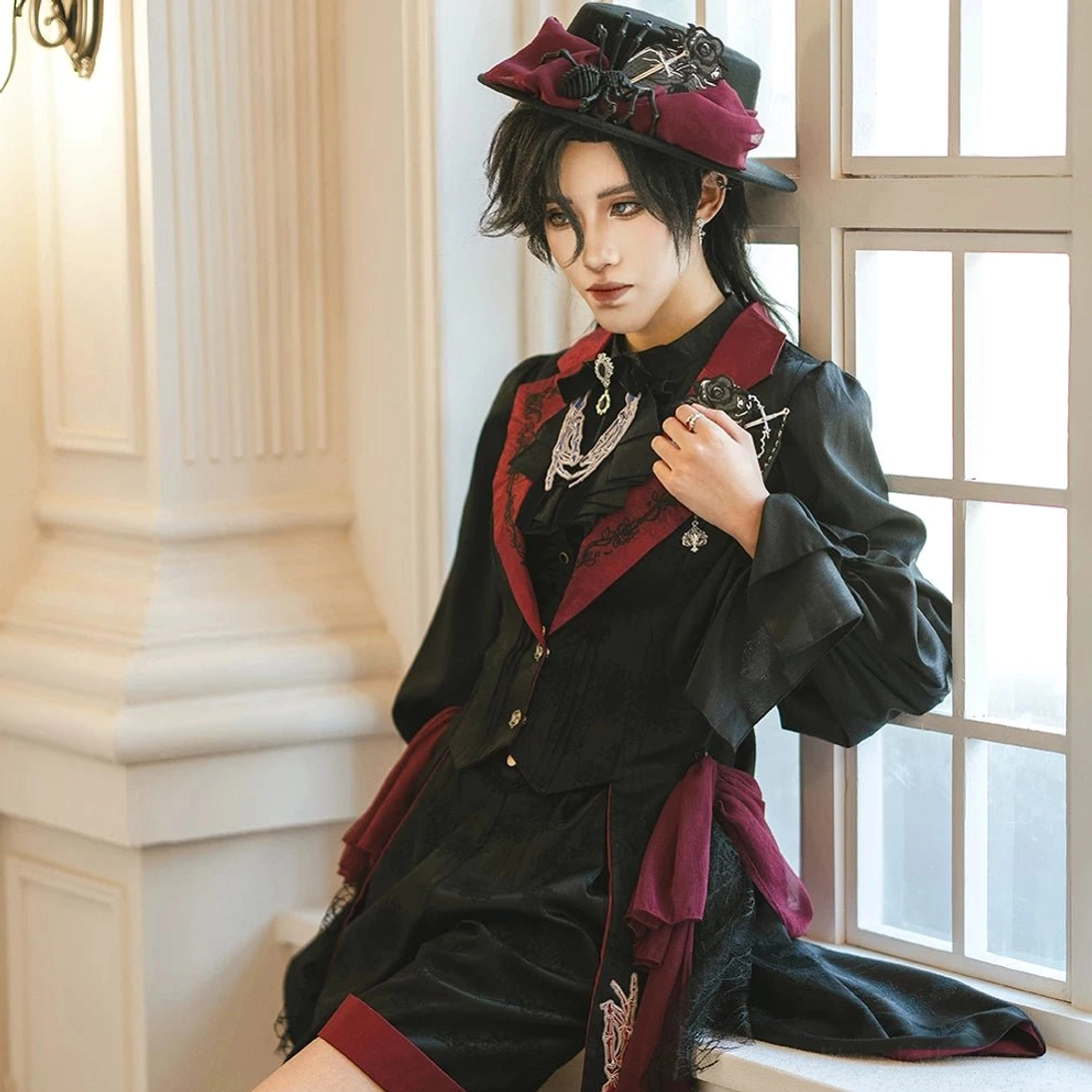 Gothic Lolita vest embroidered collar close-up detail showing vine embroidery craftsmanship