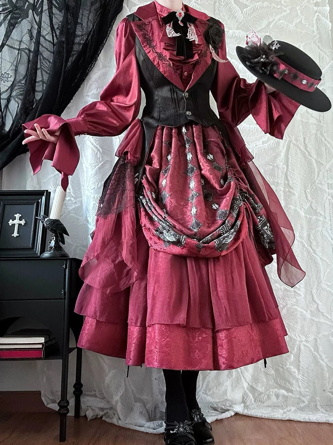 Gothic Lolita vest front button detail showing premium golden closure and embroidered collar