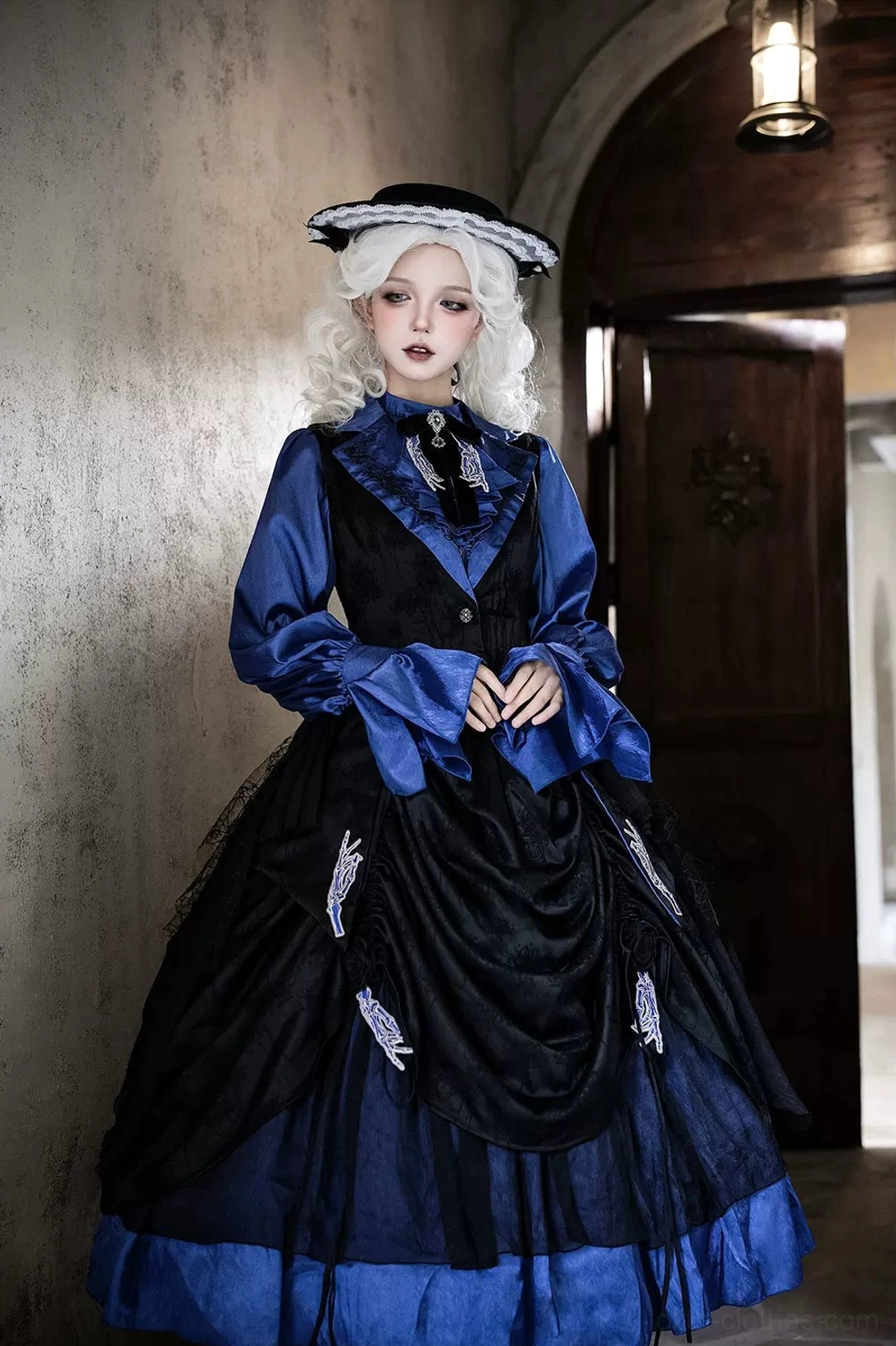 Gothic Lolita vest embroidered vine collar up close showing intricate hand-embroidery work