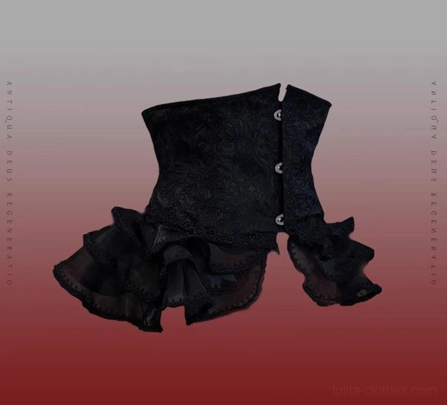 Gothic Lolita waist cincher black standalone component corset flexible boning front buckle adjustable lace