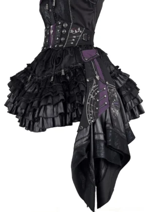 Gothic Lolita waist cincher with purple trim and constellation star moon print worn on mannequin with asymmetrical ruffled hem and metal buckled waistband front view