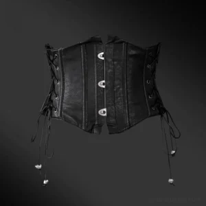 Black Gothic Lolita waist corset flat lay front view with faux leather texture metal button closures and skull pendant lace-up straps