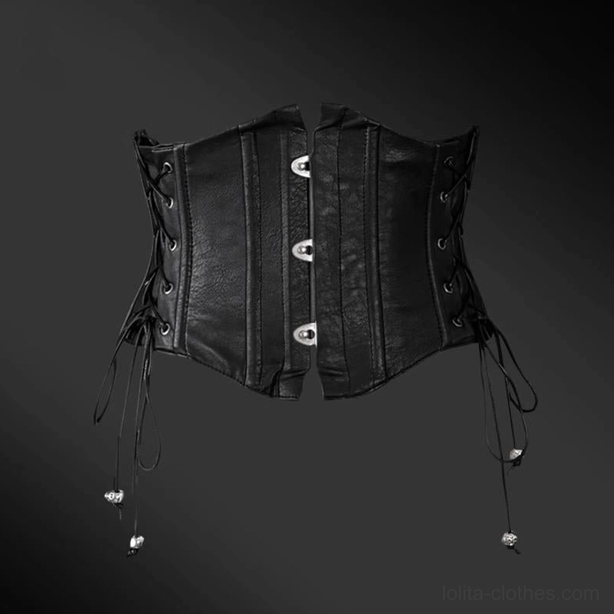 Black Gothic Lolita waist corset flat lay front view with faux leather texture metal button closures and skull pendant lace-up straps