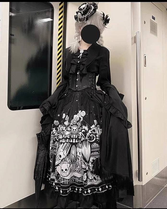 Full-body Gothic Lolita outfit featuring black waist corset worn with ruffled blouse and printed skirt monochrome vintage subway setting