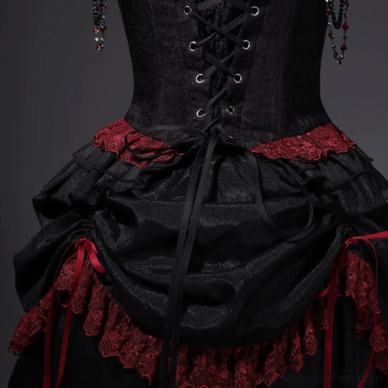 Gothic lolita waist hip area side view black satin fabric wine red lace edge drawstring bow decoration