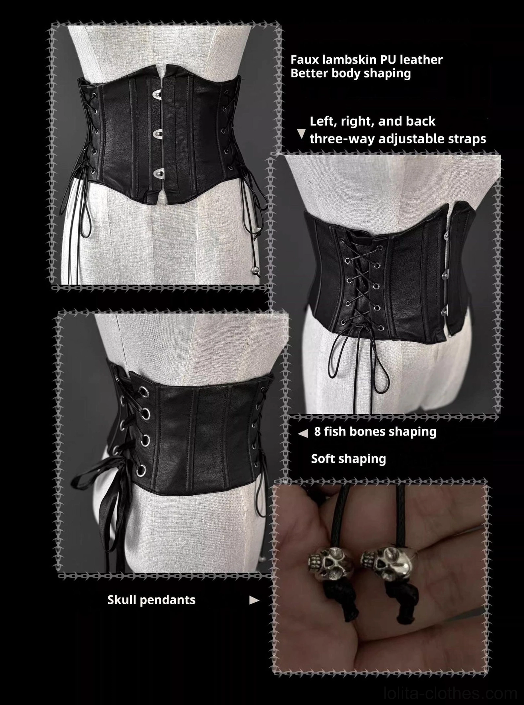 Gothic Lolita waist corset specification infographic faux lambskin PU leather 8 fish bones 3-way adjustable lace-up straps skull pendants
