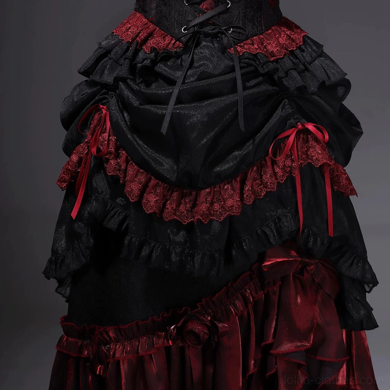 Gothic lolita dress waist lower skirt area three-quarter view black satin wine red lace multi-layered ruffles