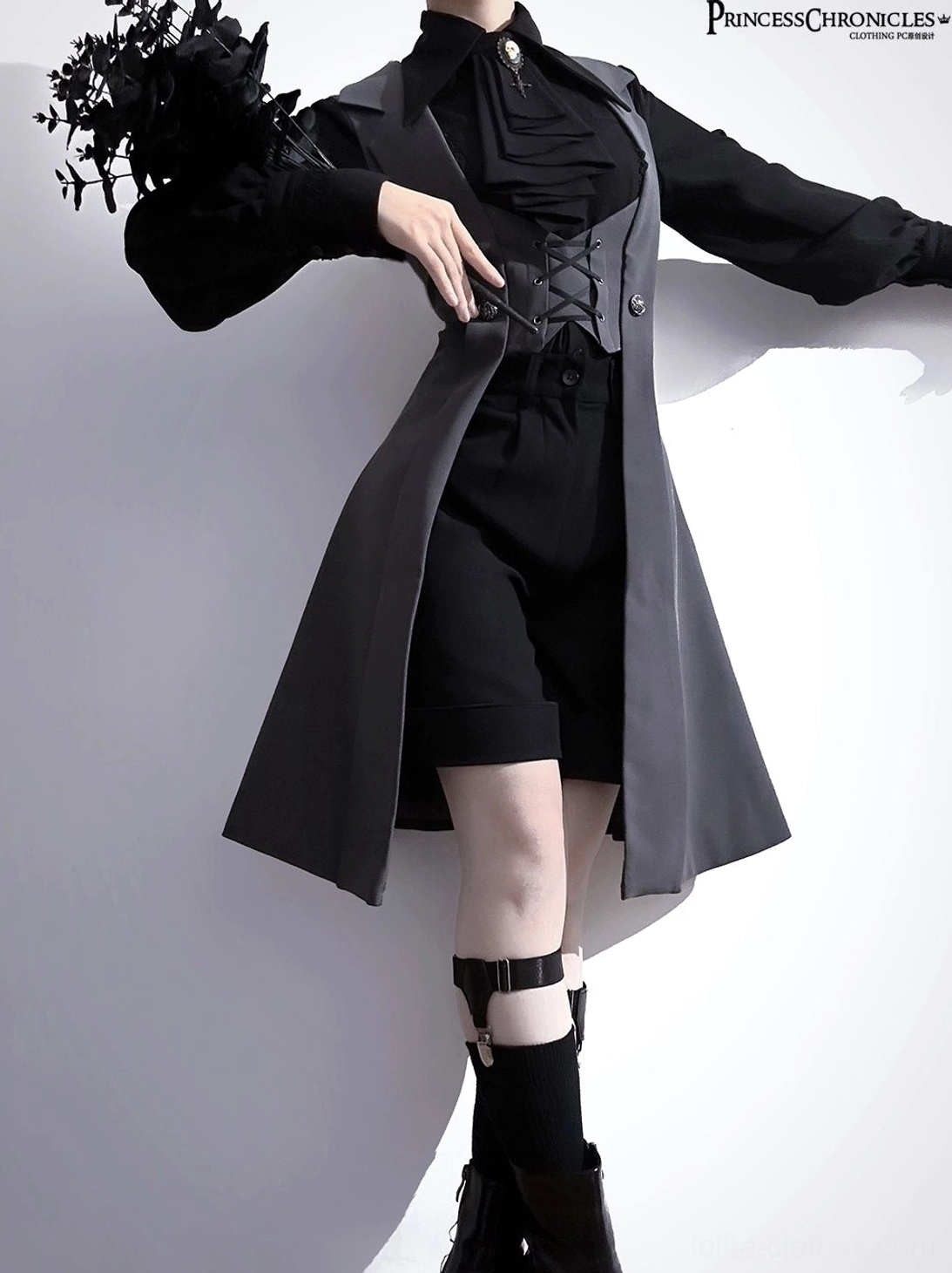 Bicolor Gothic Lolita tailored waistcoat close-up structural detail corset boning front panel precision craftsmanship