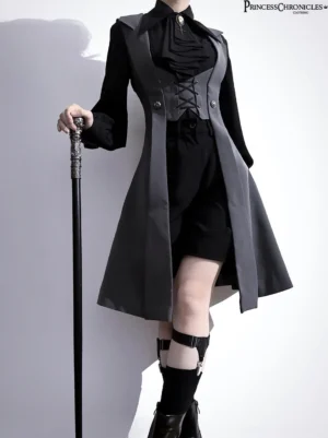 Gothic Lolita corset-front waistcoat bicolor black-gray left front three-quarter full-body styling with vintage walking cane and leg buckle sock accessories