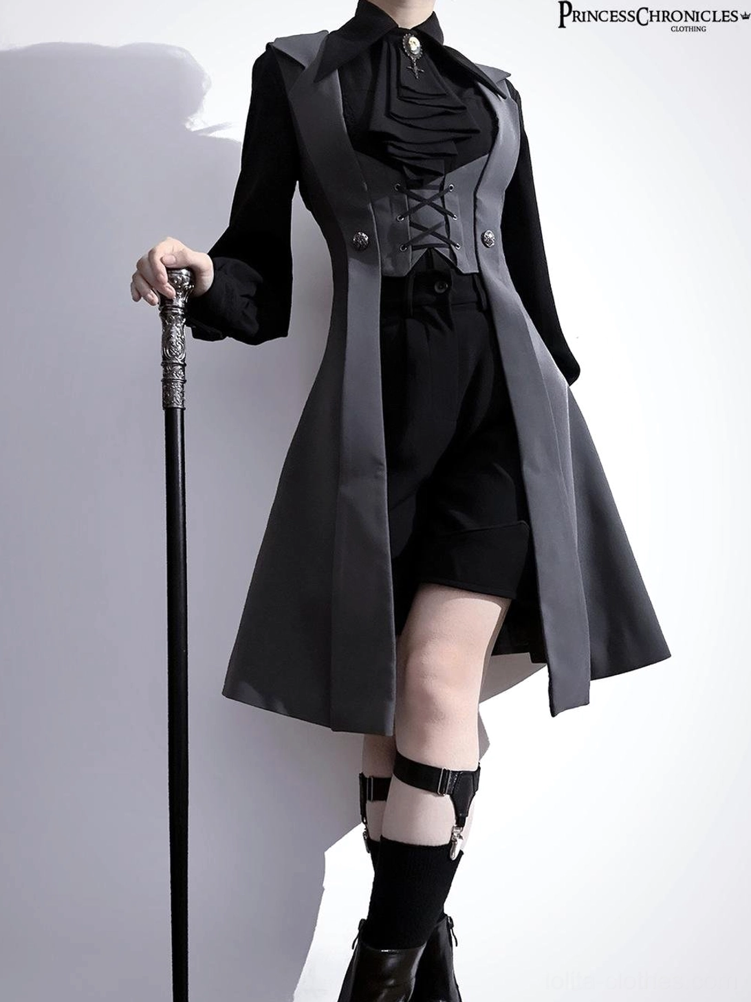 Gothic Lolita corset-front waistcoat bicolor black-gray left front three-quarter full-body styling with vintage walking cane and leg buckle sock accessories
