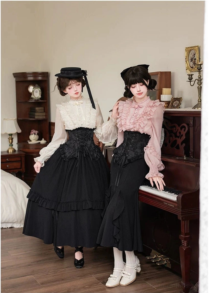 Gothic Lolita white blouse black mermaid corset skirt full-body front view tiered ruffles piano vintage room elegant styling
