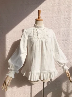 white cotton gothic lolita long sleeve blouse full front view standing mannequin wooden dummy ruffled collar lantern sleeves