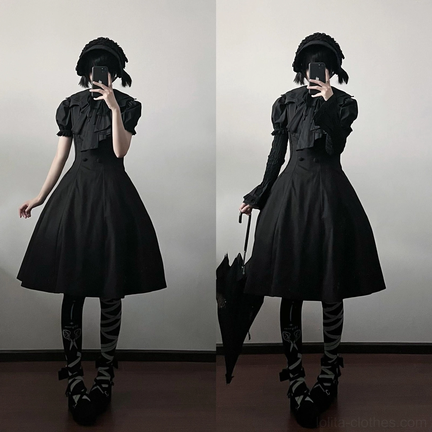 Complete Gothic Lolita coordinate with off-white jabot shirt, white wig, black bow hair hat, long white gloves, church pattern printed JSK dress, and cross-patterned thigh-high stockings