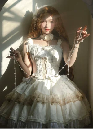 white gothic lolita jsk dress set front view model wearing corset bodice tiered ruffle skirt with lace trim and choker accessory