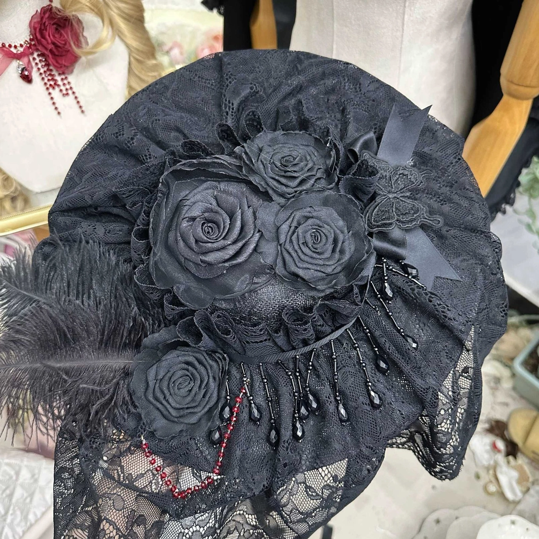 Gothic Lolita widow hat collection showing multiple style variations and sizing options for different preferences