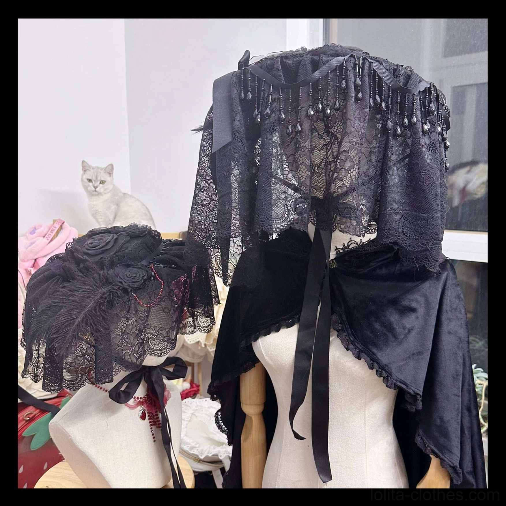 Gothic Lolita widow hat headdress with lace and beaded trims paired with coordinating dark rose choker
