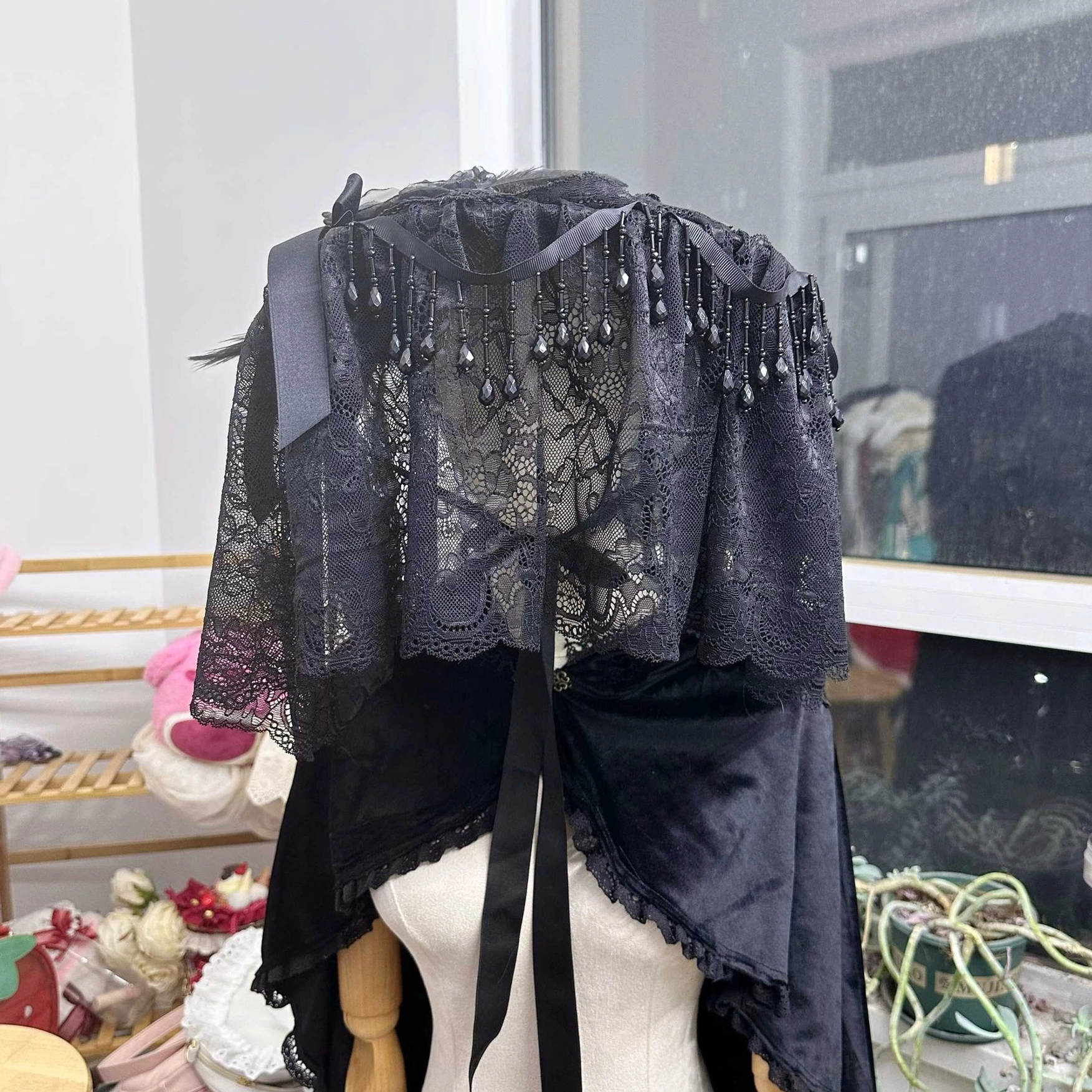 Gothic Lolita widow hat headdress with pleated black lace crown feather decorations and satin ribbon ties