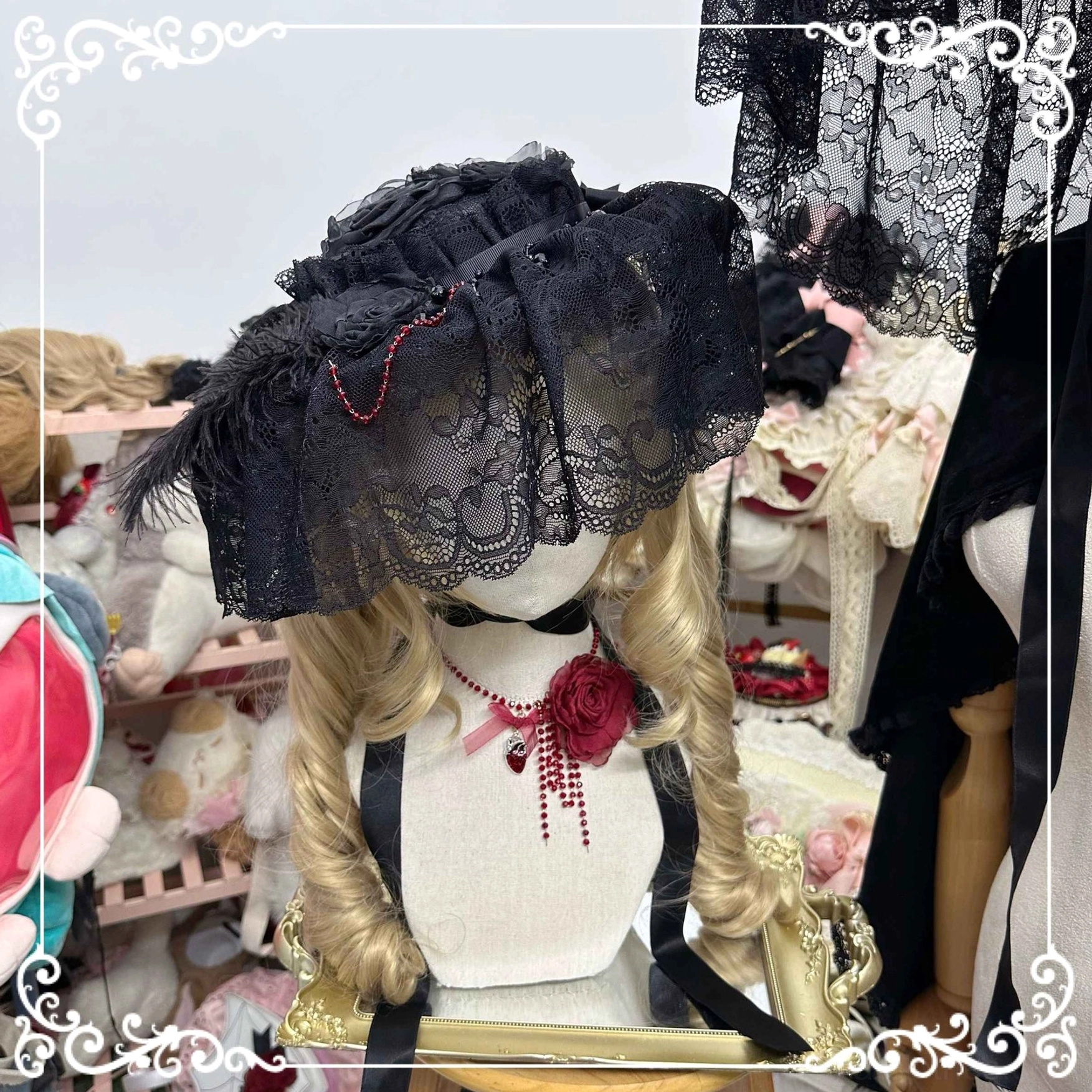 Gothic Lolita widow hat headdress with wide black lace veil and red bead trims paired with rose drop pendant necklace