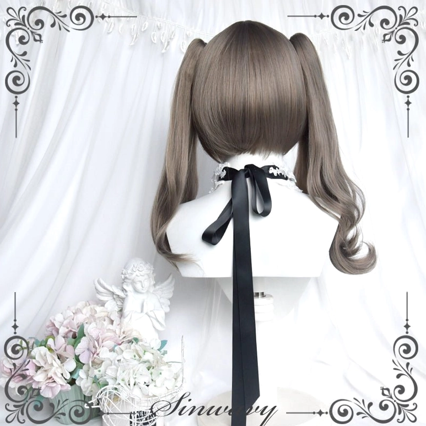 Gothic Lolita twin ponytail wig back view ash grey rear black bow tie floral white curtain backdrop