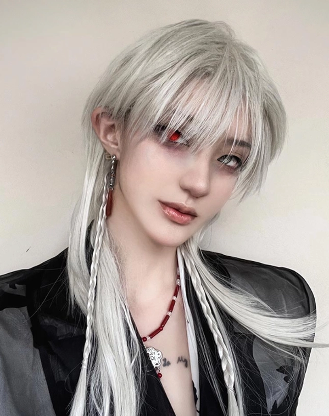 silver-gray long lolita wig frontal perspective soft curtain bangs side braids flowing straight hair