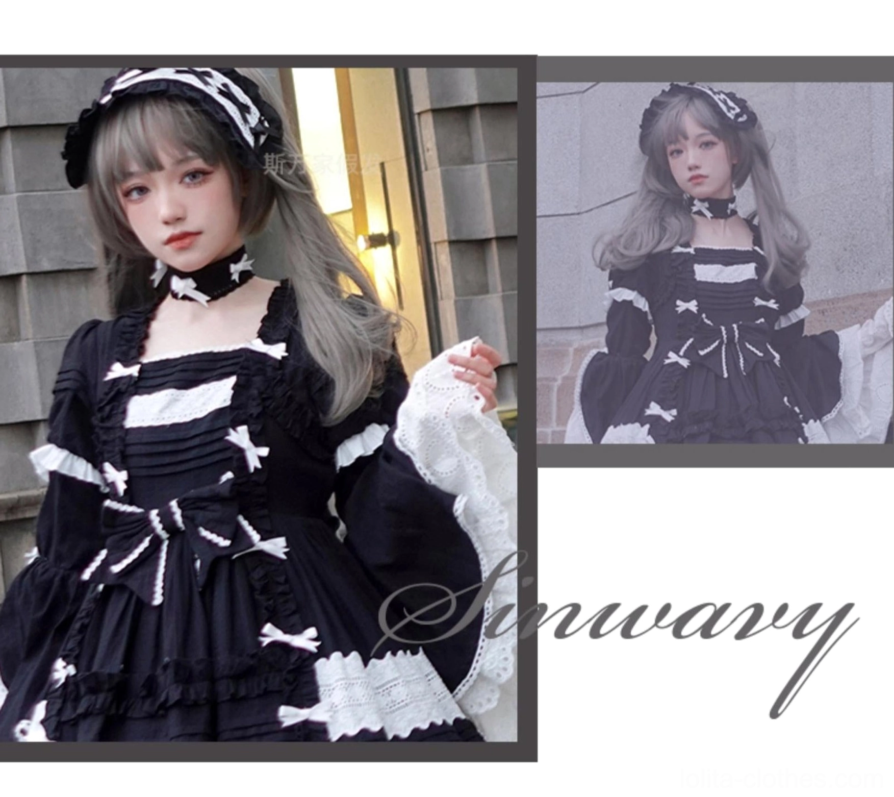 Multi-angle Gothic Lolita wig wearing preview indoor outdoor backgrounds ash grey twin ponytails styled outfits