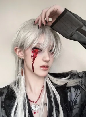 silver-gray gothic lolita wig three-quarter side view with dramatic makeup and red pendant jewelry