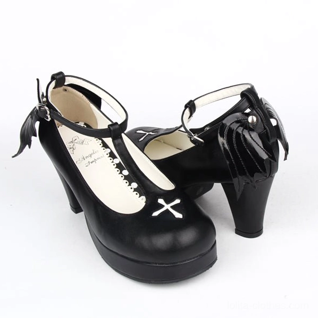 Gothic Lolita winged cross embroidered high heel shoes with detachable angel wings, three-quarter side view, black leather upper with white toe cross and lace-trimmed details