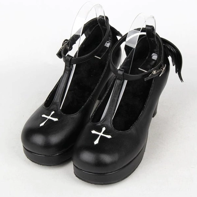 Single Gothic Lolita winged high heel shoe with cross embroidery, three-quarter angle display, matte black PU leather with white toe cross and attached wing charm
