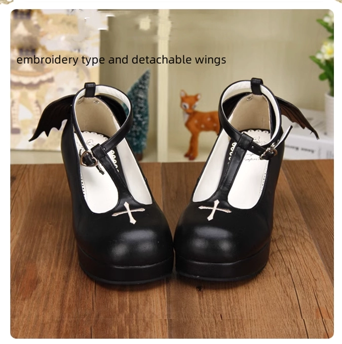 Gothic Lolita winged high heel shoes detachable wing charm mechanism, separation and attachment feature demonstration, customization flexibility showcase