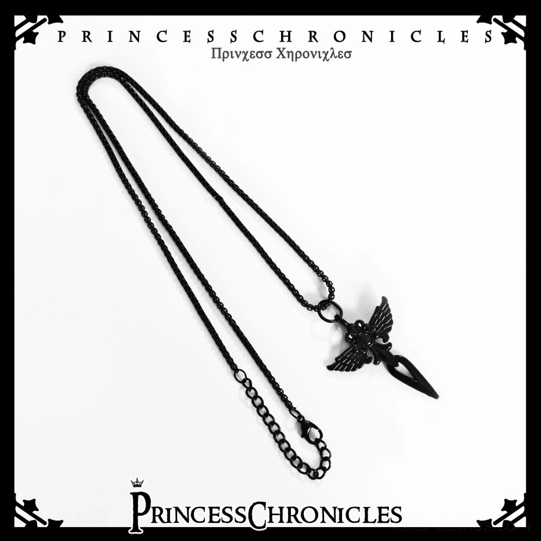 Winged sword gothic lolita necklace all-black alloy dual-layer chain design front flat lay product display