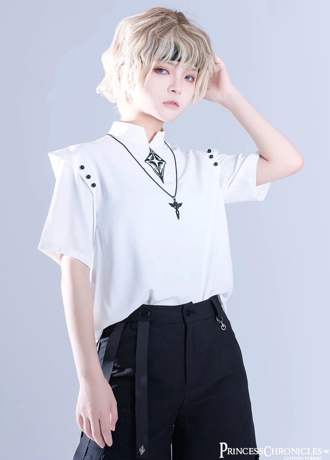 Gothic lolita necklace front half-body portrait wearing display model showing necklace shirt shoulder details