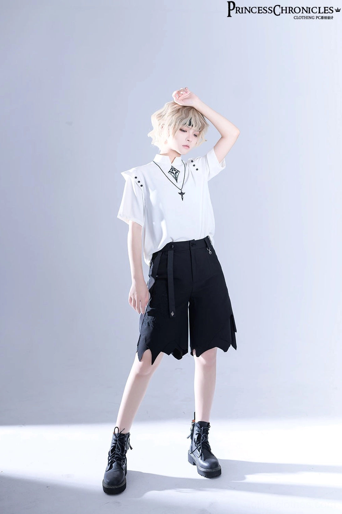 Dark aesthetic gothic lolita necklace complete outfit styling standing full-body portrait model studio