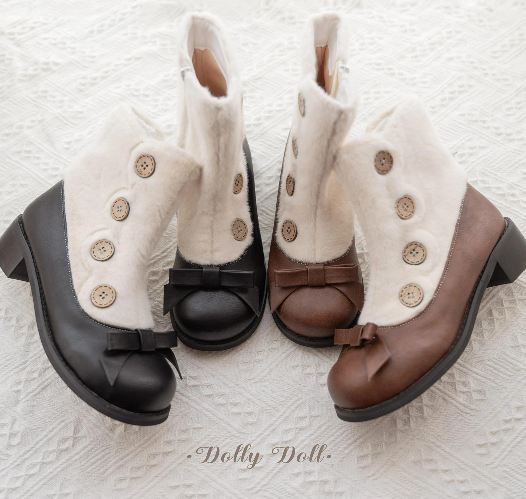 Gothic lolita winter boots side view with faux fur cuff button embellishments bow strap and low platform heel black brown colorways