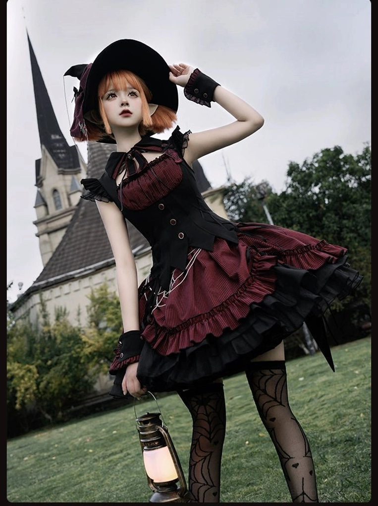Gothic lolita witch coordinate three-quarter side view model orange hair vintage building backdrop