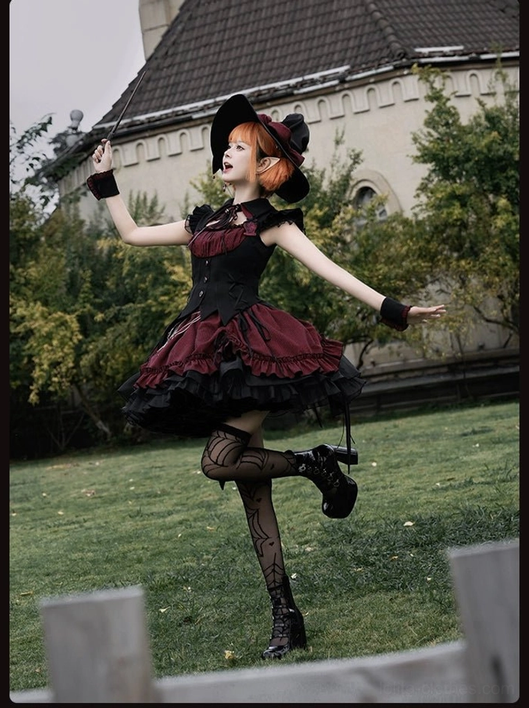 Full body gothic lolita witch dress ensemble dynamic pose outdoor lawn european building