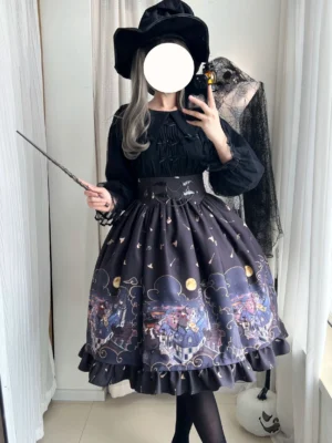 Model wearing dark purple Gothic Lolita Halloween SK skirt with celestial and witch town prints matched with black blouse and fishnet stockings side mirror view