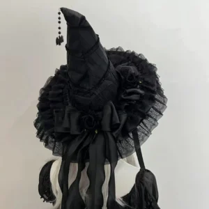Black Gothic Lolita witch hat back view with lace ruffled brim large black satin bow rose embellishments long black ribbon tails bat bead ornament