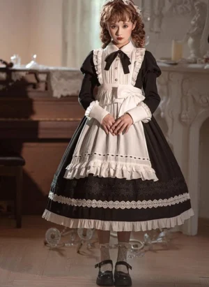 Black and white maid Gothic lolita one-piece dress with removable bowknot collar front view full body shot vintage piano room